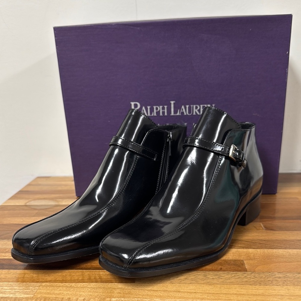 Ralph Lauren Purple Label Black Ankle Boots with Polished Leather - Picture 2 of 9